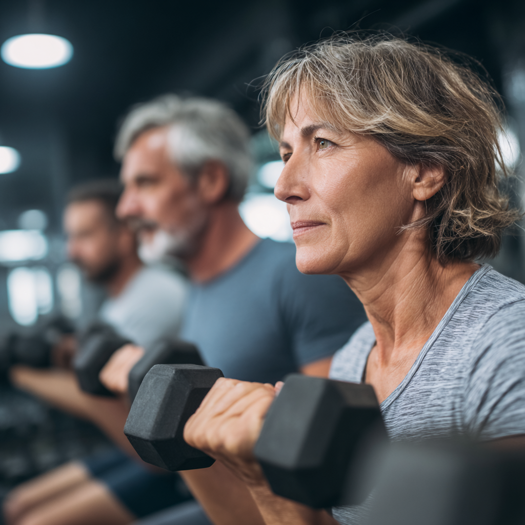 Middle-aged adults participating in strength training session at modern fitness facility